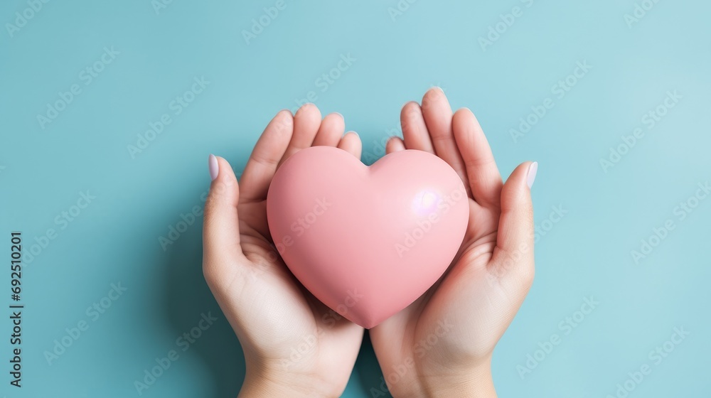 Fototapeta premium Knitted heart holding a woman's hands close-up. Symbol of love. Happy Valentine's Day