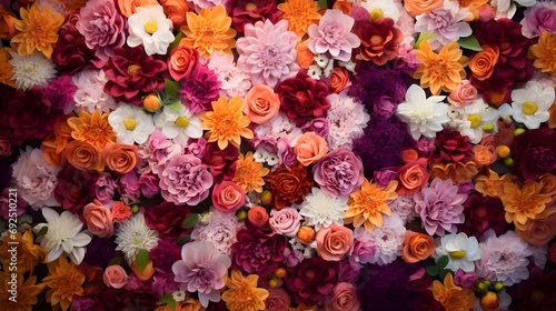 Flowers wall background with amazing red, orange, pink, purple, green and white flowers ,Wedding decoration, valentine , hand made Beautiful flowers wall background, a lot of flowers species, multi co