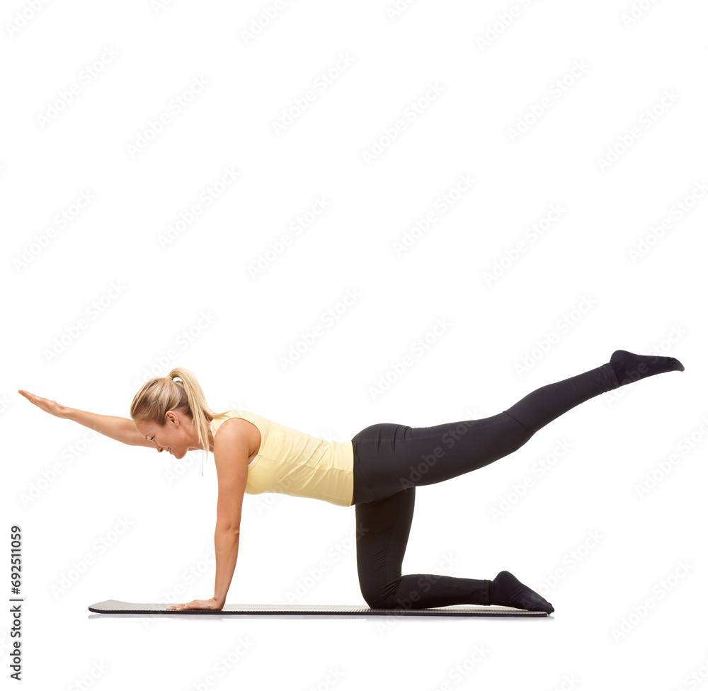 Woman, back extension and balance on floor in studio for exercise, workout or stretching body on mockup white background. Yoga, profile and healthy training with strong core, fitness or bird dog pose Woman, back extension and balance on floor in studio for exercise, workout or stretching body on mockup white background. Yoga, profile and healthy training with strong core, fitness or bird dog pose