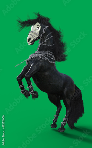 3d Illustration of a fantasy black horse isolated on green screen background. Devil Horse. 