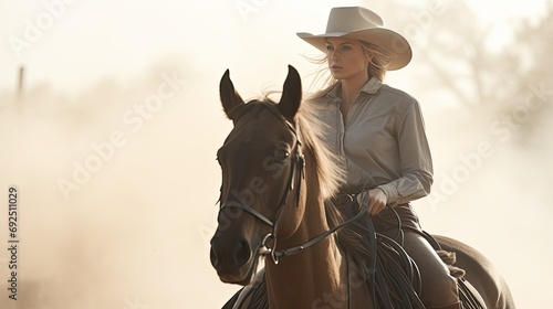 A serious woman riding a horse wearing a cowboy hat in the dust of the prairie. Female horse rider portrait.