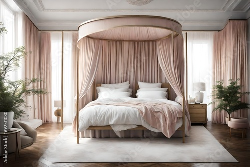 A serene bedroom featuring a dreamy canopy bed adorned with flowing curtains and soft pastel hues