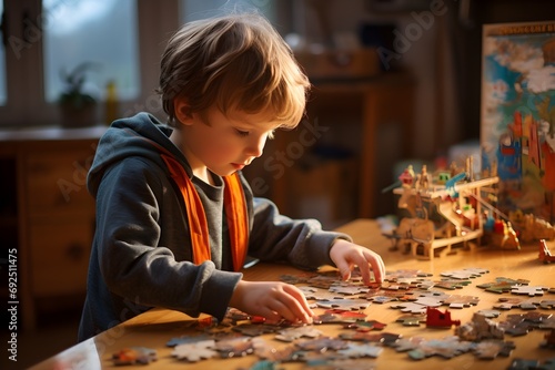 Little child putting a puzzle together at home.