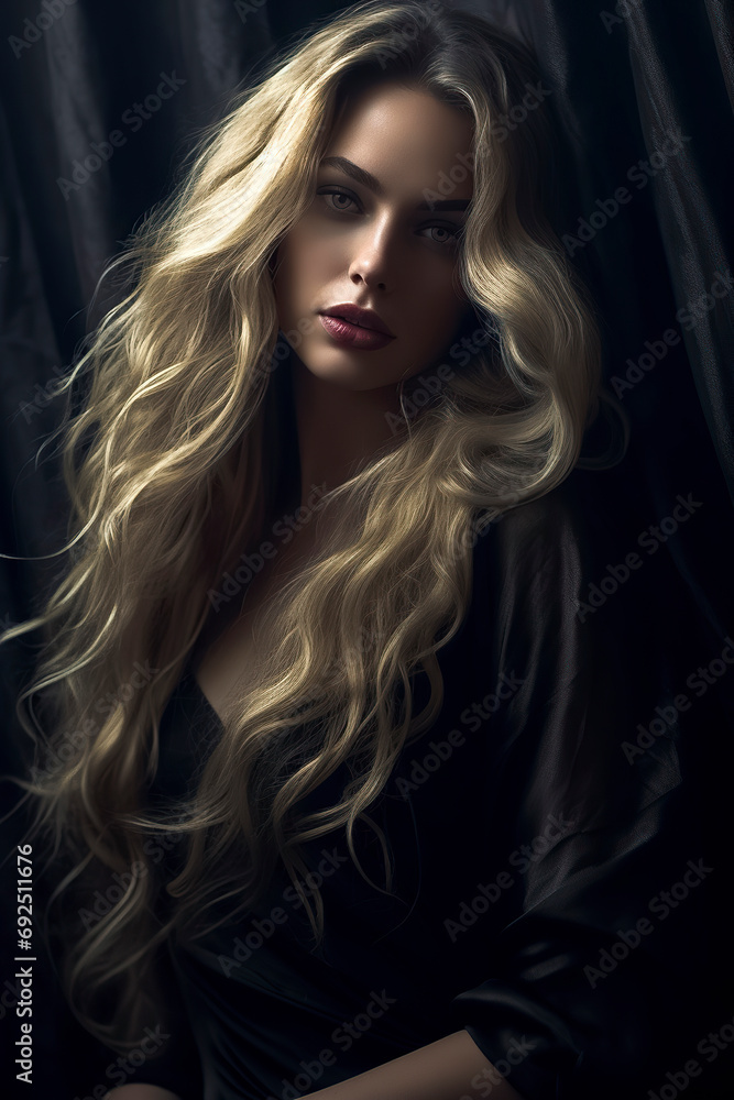 young pretty woman with long blonde hair, wearing a black top, is captured from the side against a black background, ai generative