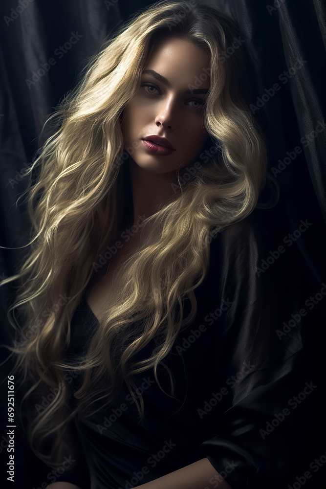 young pretty woman with long blonde hair, wearing a black top, is captured from the side against a black background, ai generative young pretty woman with long blonde hair, wearing a black top, is captured from the side against a black background, ai generative