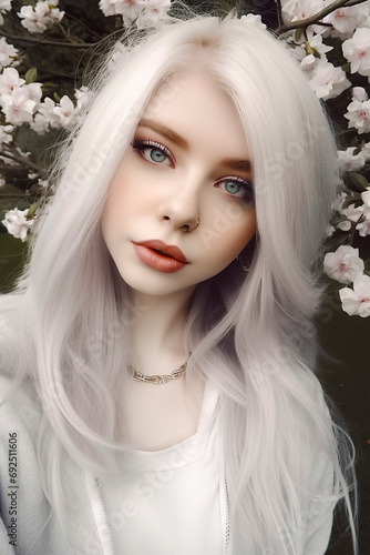 young woman with white hair and a gray scarf is surrounded by pink flowers, creating a soft and dreamy atmosphere, ai generative © larrui