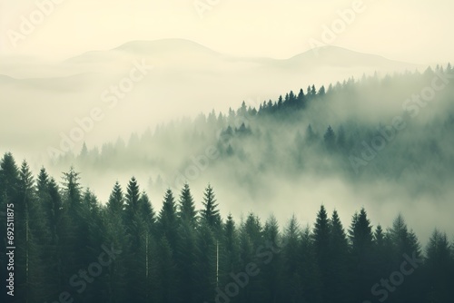 Misty landscape with fir forest in vintage retro style. © Pascal