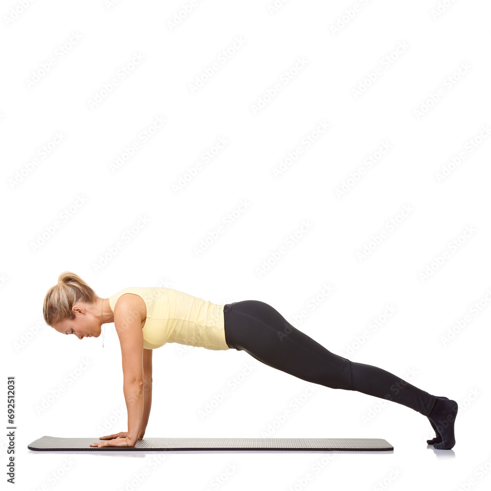 Woman, plank and exercise in studio for workout, fitness and wellness on mockup white background. Profile of healthy lady balance body on mat for strong core, training and push up challenge on floor