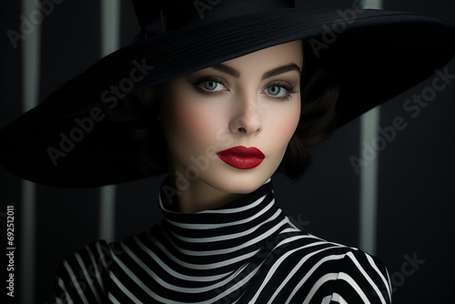 Fashion Beauty - A lady is portrayed wearing a stylish black hat, red lips, and a black-and-white striped top - Generative AI