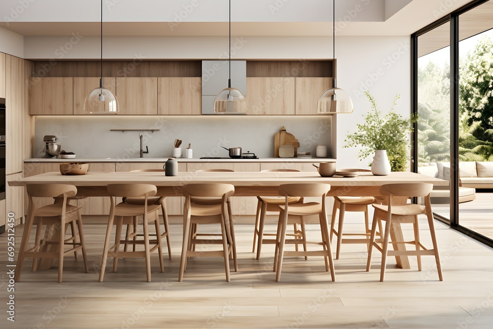 Modern scandinavian, minimalist interior design of kitchen with island, dining table and wooden stool