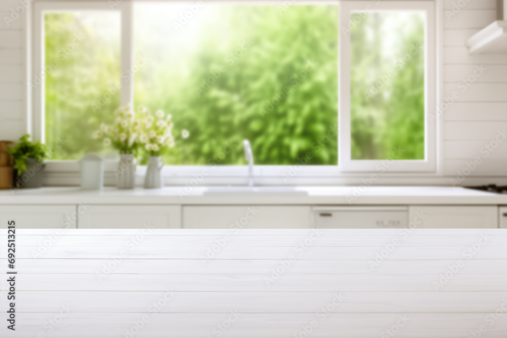 Close-up of white wooden table with blurred background of rustic style kitchen with large windows overlooking a green tree, flowers in ceramic pots. Close-up of white wooden table with blurred background of rustic style kitchen with large windows overlooking a green tree, flowers in ceramic pots.