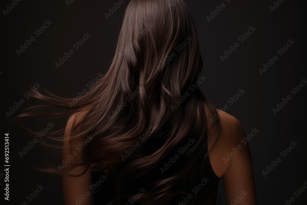 Portrait of brunette woman from back with long groomed and waving hair on dark background. Portrait of brunette woman from back with long groomed and waving hair on dark background.