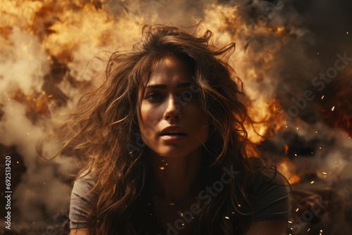 Close-up portrait of a brown haired woman with day-glo hair against a backdrop of fire and explosion.