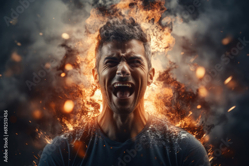 Portrait of a screaming man against a background of fire and smoke. Concept of mental health and psychological burnout.