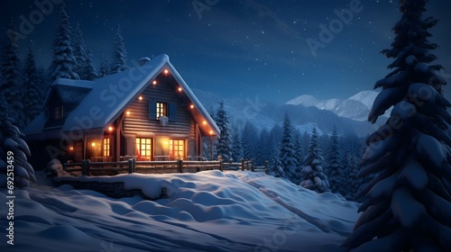  cozy wooden cabin cottage chalet house covered in snow in winter forest with the lights turn on © Pascal