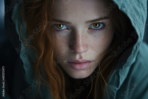 Close-up portrait of a serious brown-eyed brown haired woman with freckles covered by a hoodie.
