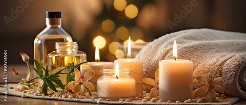 Aromatic reed freshener and burning candles on a table in a spa salon with text messaging space .. photo