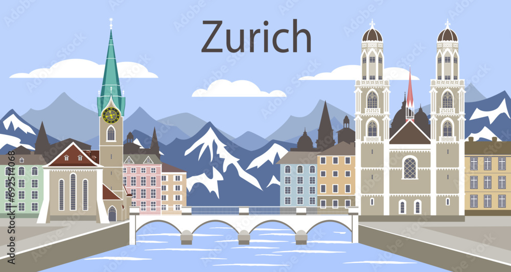 Zurich cityscape with landmarks - obrazy, fototapety, plakaty 