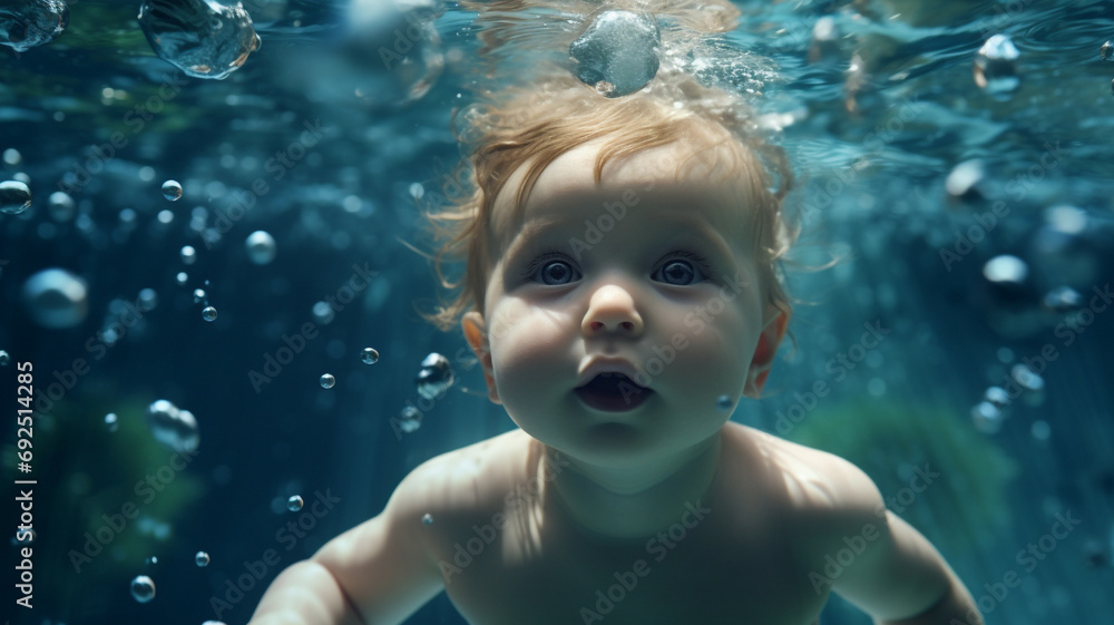 A baby swims under the water in a pool.