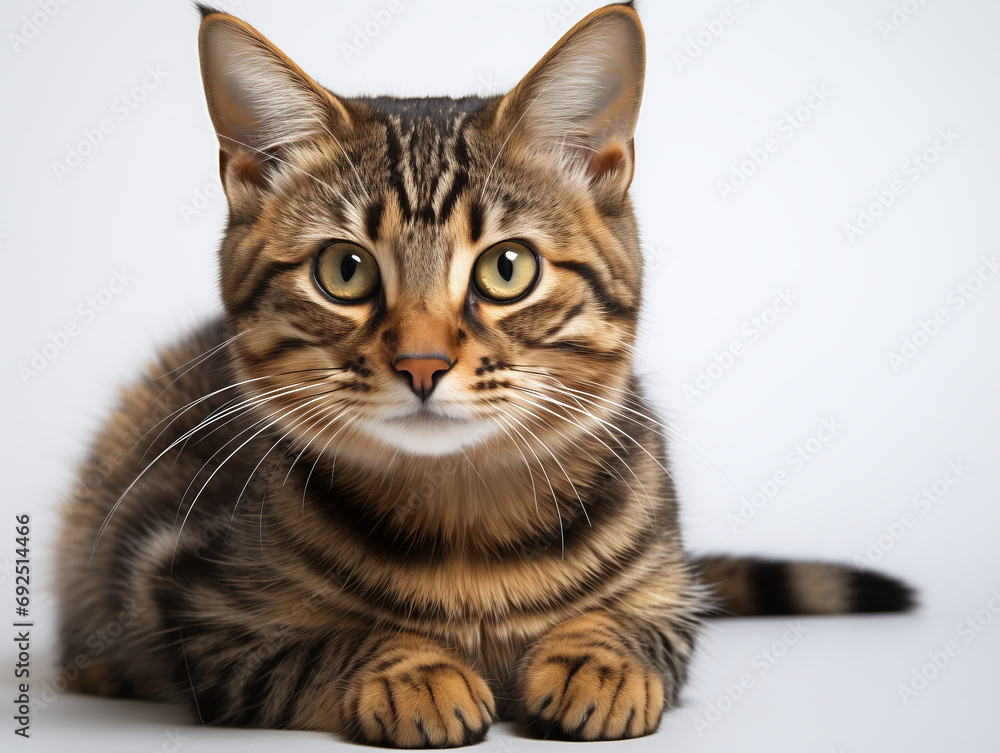 Fototapeta premium Banner of a close up, portrait of a cat with yellow eyes looking at the camera, studio background. Poster, Wallpaper, For print