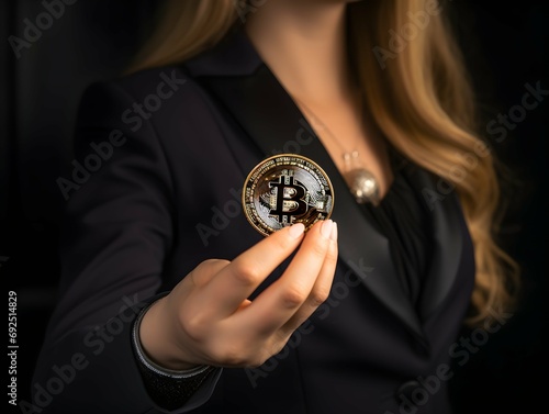 business women holding a bitcoin in his hand. Bitcoin in focus 