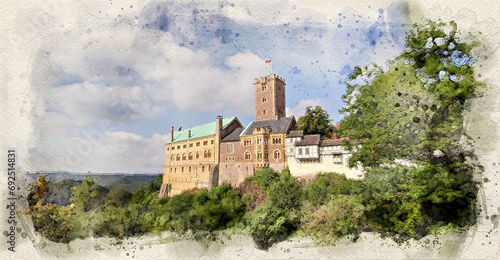 Wartburg castle in Eisenach, Germany in watercolor style illustration photo