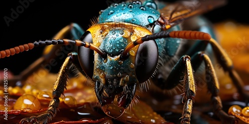 Macro shot reveals the intricate detail of a wasp, highlighting its vivid blue eyes.