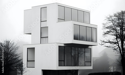 Four story, off-set, counter levering, brutalist architectural design in monochrome with floor-to-ceiling windows on most sides.