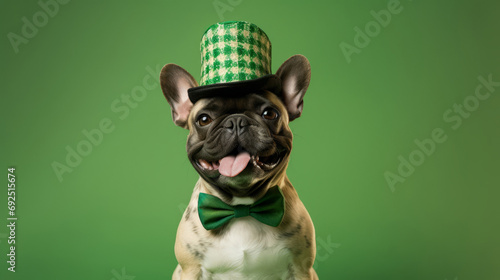 Irish st patricks day portrait of adorable french bulldog wearing green bow and green cylinder hat sitting on green background