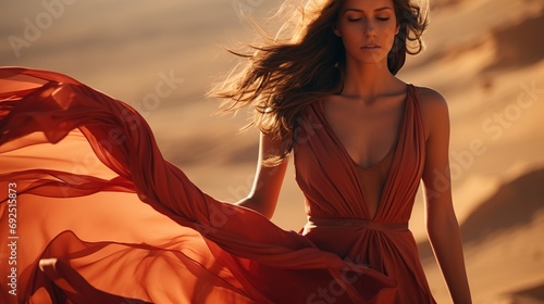 A gorgeous girl model walking in a red dress in the desert
