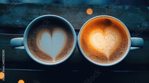 Two cups of coffee with heart-shaped foam on the coffee table. Romantic atmosphere. Romantic date. Love, valentine's day