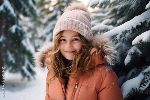 Cute teen girl having fun on a walk in snow covered pine forest on chilly winter day. Teenage child exploring nature. Winter activities for kids 