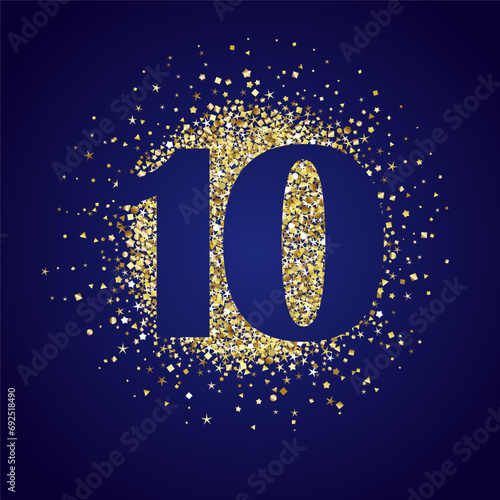 Top 10 icon design with golden backdrop. Happy 10th anniversary greetings. Isolated gold ball and number 10 with blue gradient. Creative decoration. Holiday background. Festive banner template.
