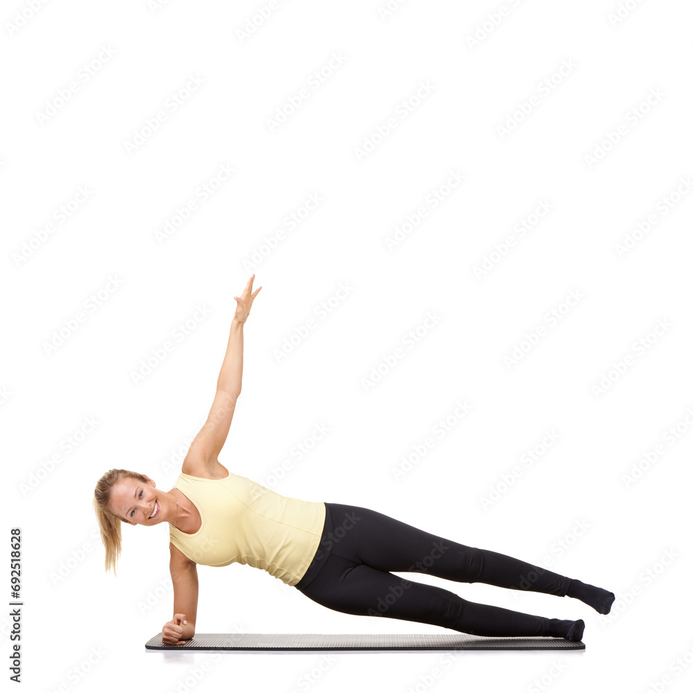 Woman, pilates and mat in studio for stretching, fitness or workout for healthy body, happy or core muscle. Person, portrait or yoga on floor for abdomen health on mockup space or white background Woman, pilates and mat in studio for stretching, fitness or workout for healthy body, happy or core muscle. Person, portrait or yoga on floor for abdomen health on mockup space or white background