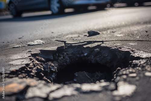 Close-up of a deep open hole in the asphalt with a stone in it against a blurred background of a road with parked cars in the distance. Dangerous emergency section on the road. Repair of roads.