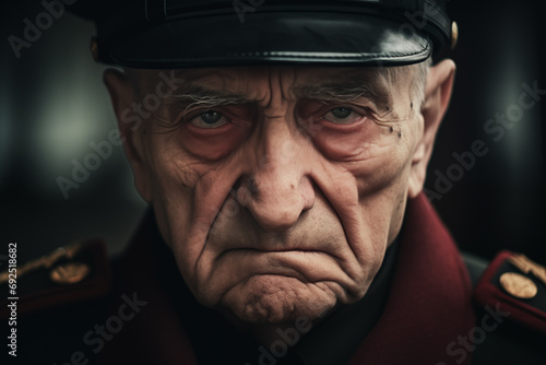 Dark depressive close-up portrait of the old white man in a military uniform and hat with a sad, wrinkled face on a gray blurred background. Senior general of a totalitarian country. © gamespirit