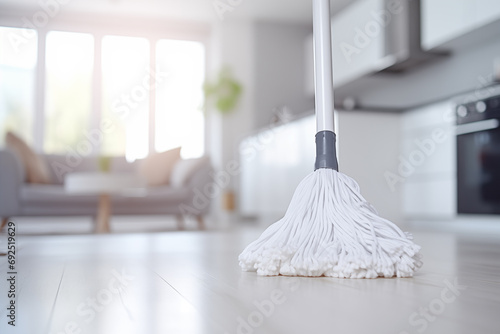 Close-up of a white rope mop covering the white floor on a blurred background of a modern white apartment with a white kitchen and a gray sofa near a large window. Cleaning conseption. photo