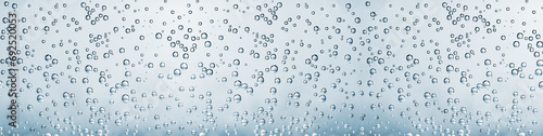 Bubbles in water on white background. Closeup. Long banner
