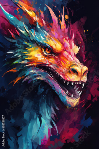 beautiful dragon head in colorful surreal art, mythical creature