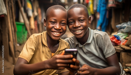 African kids using mobile phones. two african boys sitting outside using smartphones to play games photo