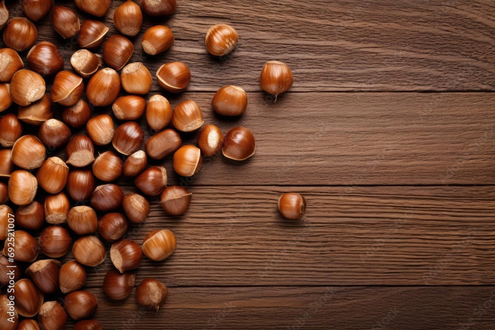 hazelnuts spilled on a wooden table - overhead view hazelnuts spilled on a wooden table - overhead view