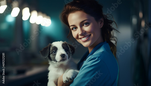 Veterinary Clinic Advertisement Concept. Happy Female Nurse In Scrubs Uniform And Stethoscope Posing With Dog, Holding cute puppy. Veterinarian in a animal heatlh center