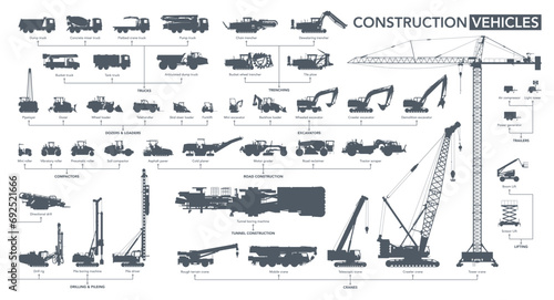 Construction vehicles icon set. Construction machines silhouette on white. Vector illustration