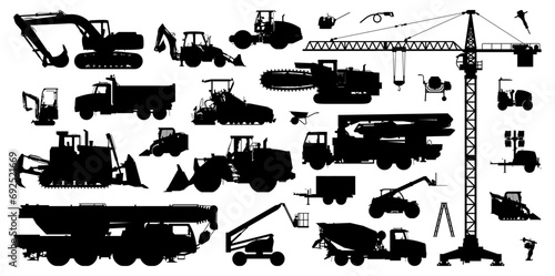 Construction vehicles silhouette set. Construction machines on white. Vector illustration