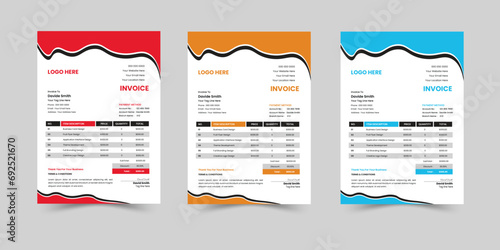 Business invoice form template. money bills or price invoices and payment agreement design templates. Tax form, bill graphic or payment receipt page vector set.
 photo