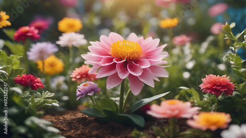  Artifical Intelligence generated vivid colorful landscape scenery. Floral background in nature on the mountains.  AI generated image