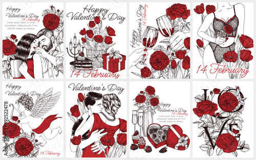 Vector set of 8 Valentine's Day cards with red roses and tulips. Couple hugging, festive dinner, gifts, lovers, glasses of wine in hands, Cupid in engraving style