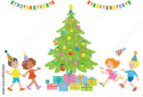 Children in colorful party hats run to a decorated Christmas tree with gifts. In cartoon style. Isolated on white background. Vector flat illustration.