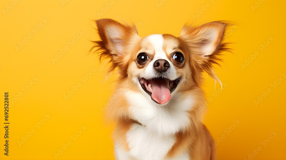 portrait studio shot cute animal pet funny smiling dog standing on color wall background.