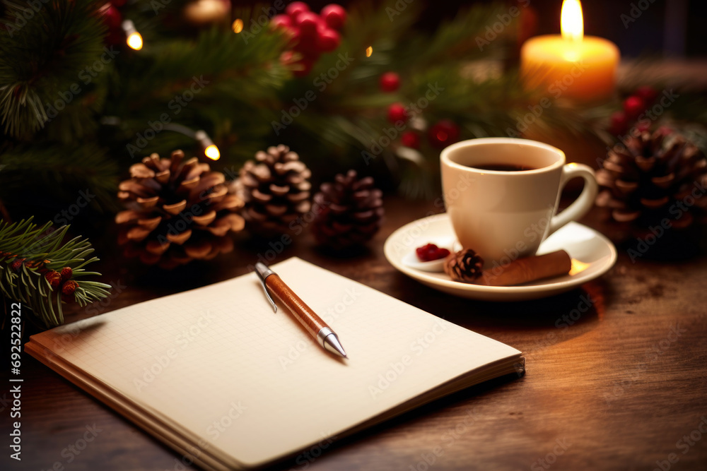 New year resolutions background. Wooden table with blank notebook page, pen, coffee cup and decorated fir tree branch. Goals, resolutions, plan, action, checklist, shopping list concept